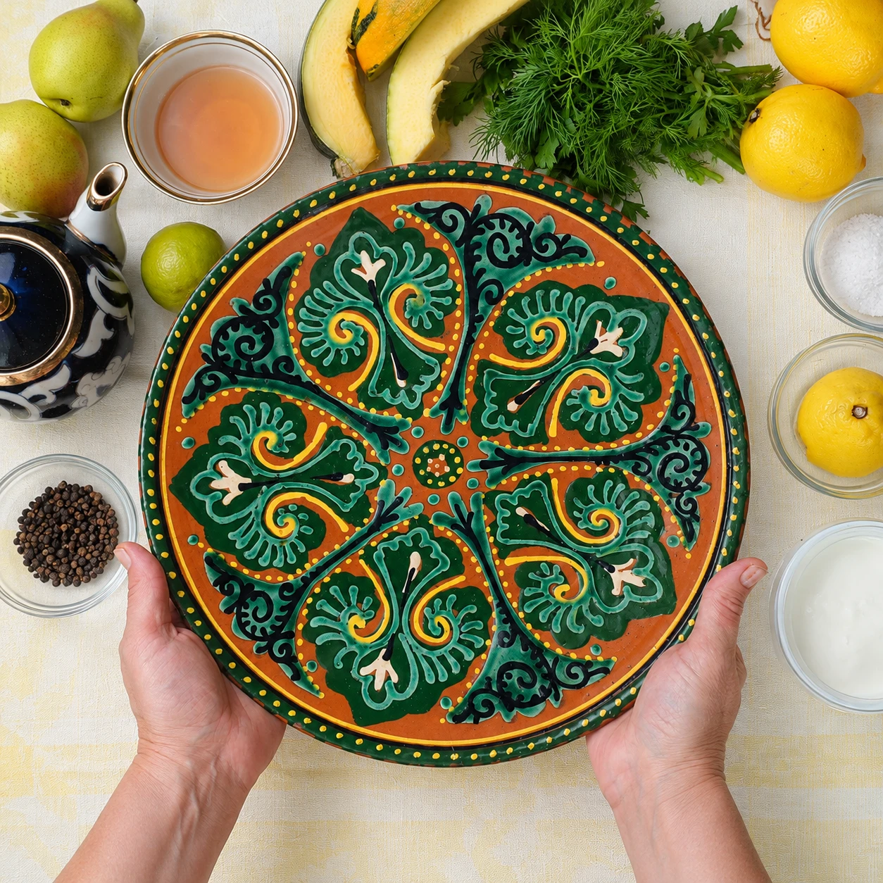 Our hand-painted platter, held in both hands